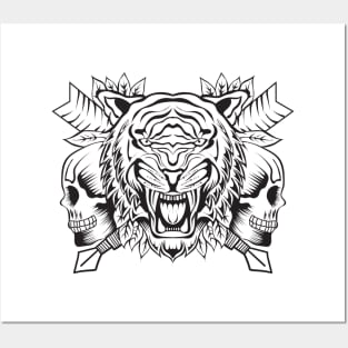 Roaring Tiger with Skull Lineart Posters and Art